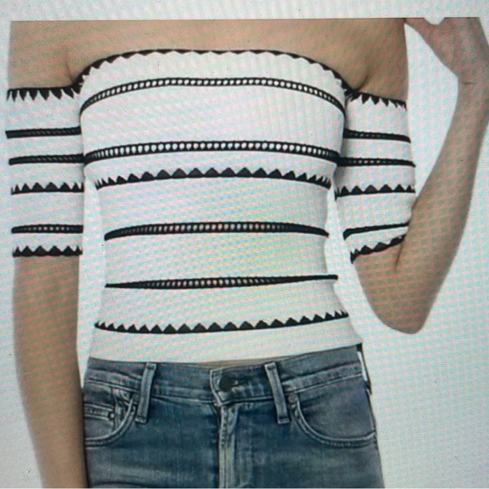 RONNY KOBO-Shoulder Black and White Striped Top
